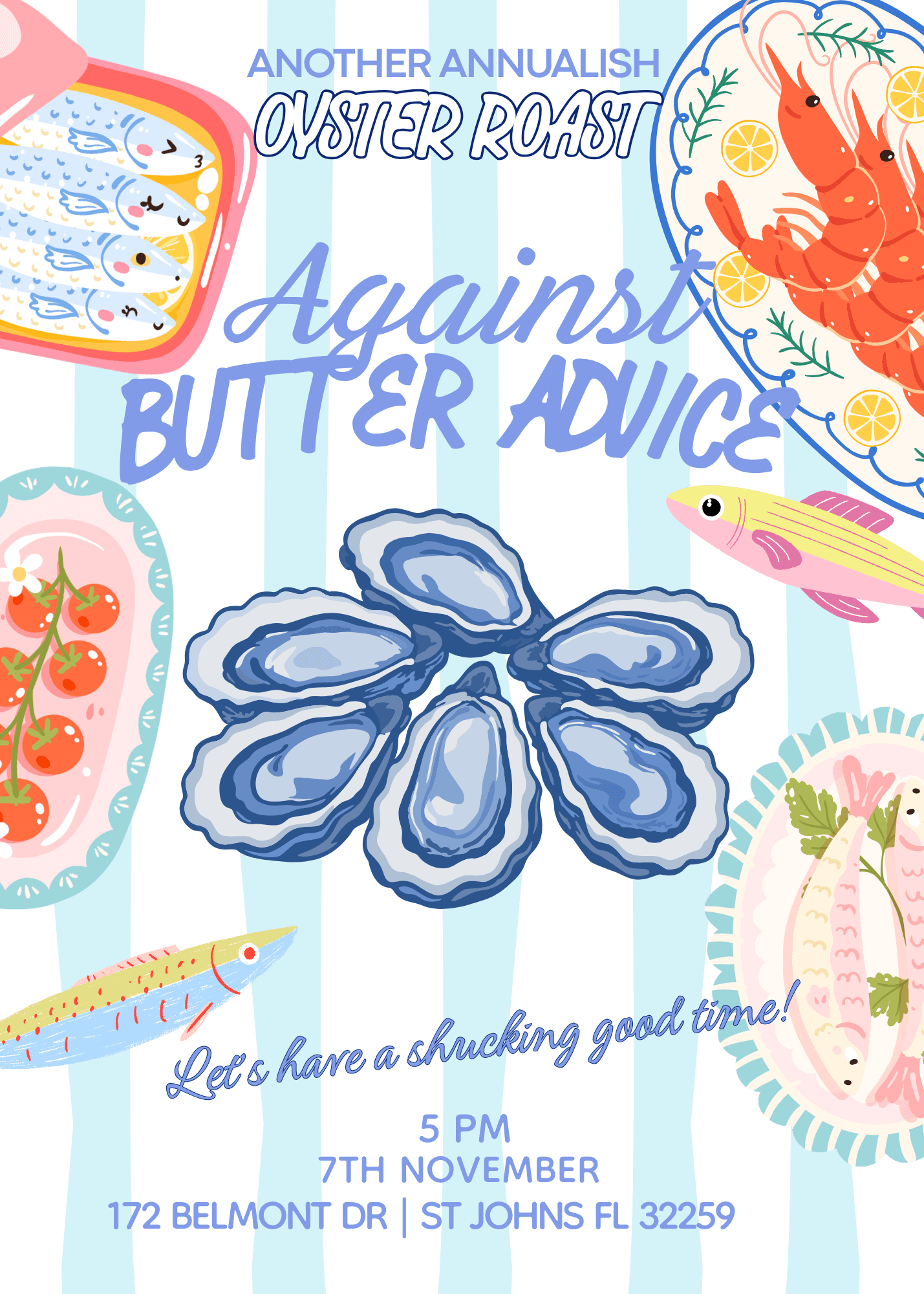 Illustrated invitation for Another Annualish Oyster Roast, featuring oysters, seafood platters, and blue stripes